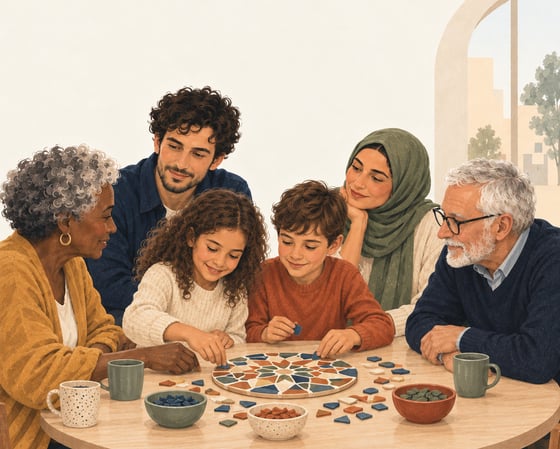 Illustration: Kinder und Erwachsene unterschiedlichen Alters und unterschiedlicher Herkunft sitzen um einen runden Tisch und legen gemeinsam ein farbiges Mosaik.